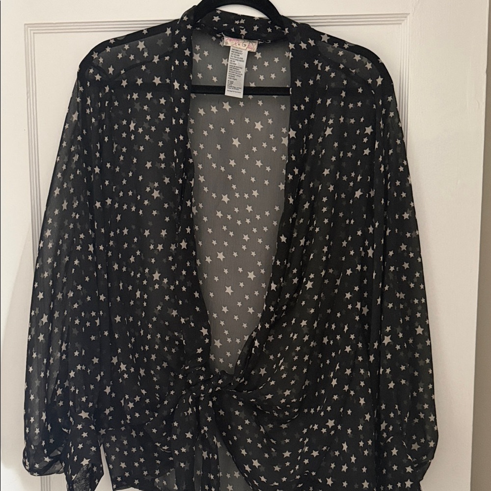 Free People Black Sheer Star-Print Tie Front Blouse